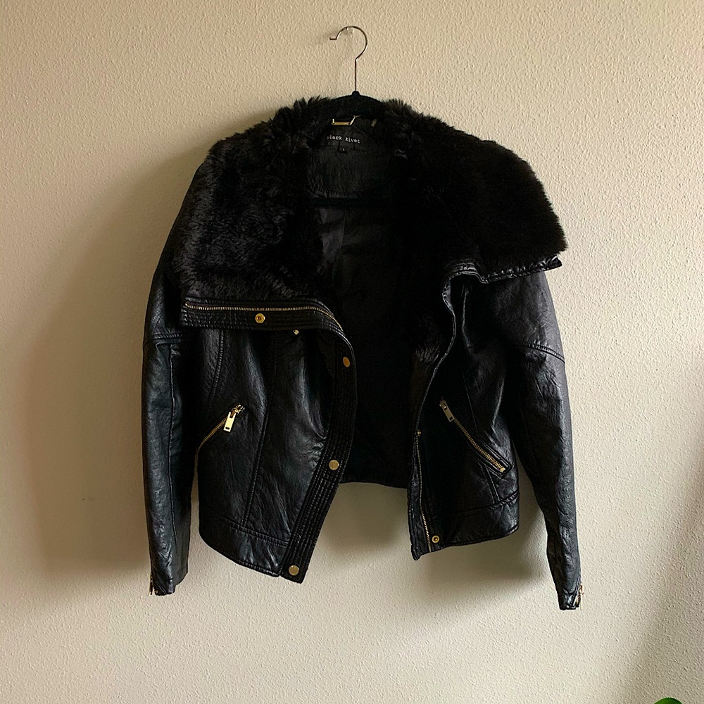 Black Rivet Leather Jacket with Fur